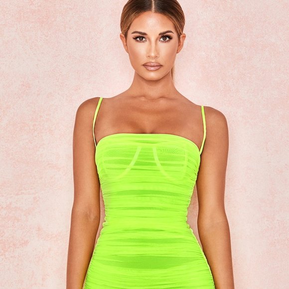 House of CB "Ella" Neon Green Ruched Organza Mesh Mini Dress - Picture 2 of 6